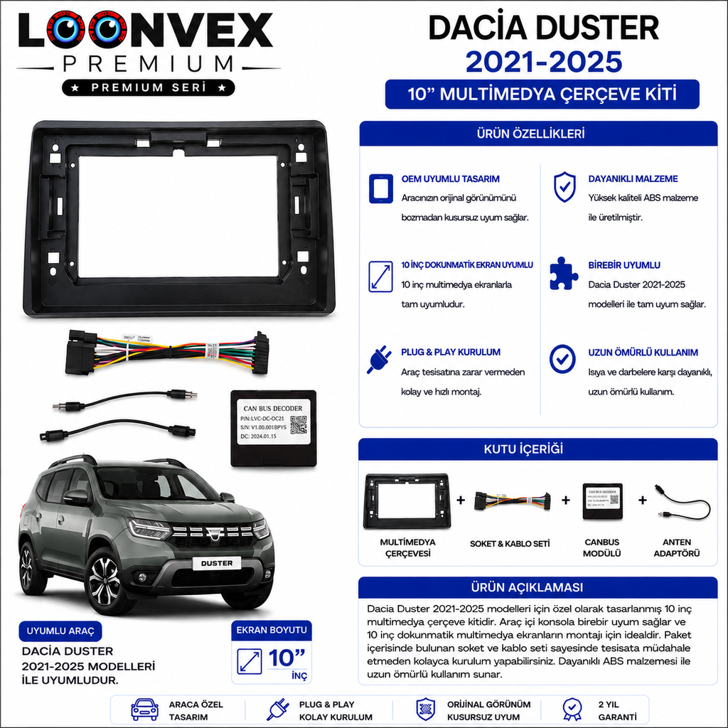 LOONVEX Dacia Duster II / HM (İkinci Nesil) 2021-2025 10 İnç Multimedya Çerçeve + Soket Kiti