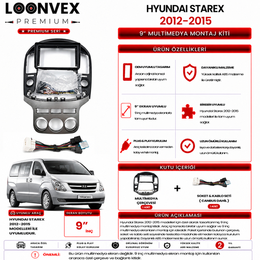 LOONVEX PREMIUM – HYUNDAI STAREX 2012-2015 9" MULTİMEDYA ÇERÇEVE + SOKET KİTİ