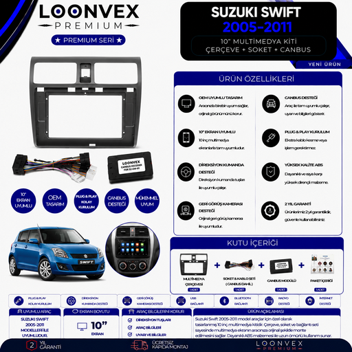 LOONVEX Premium Suzuki Swift 2005-2011 10 İnç Multimedya Çerçeve + Soket + CANBUS Montaj Kiti