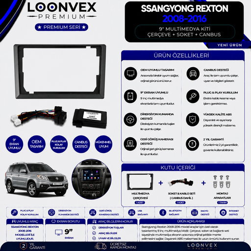 LOONVEX Premium SsangYong Rexton 2008-2016 9 İnç Multimedya Çerçeve + Soket + CANBUS Montaj Kiti