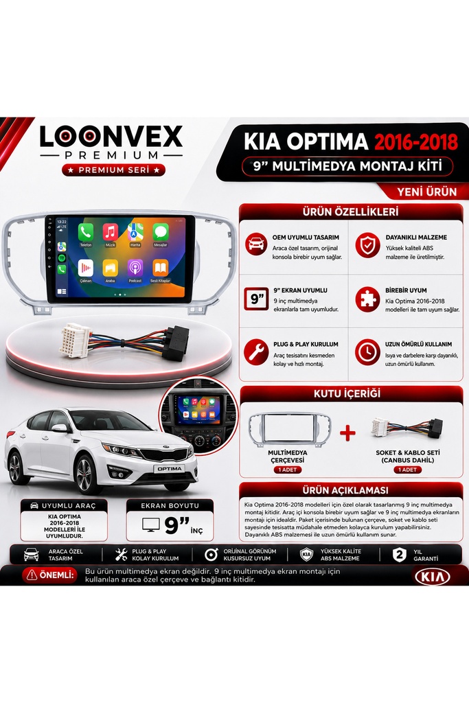 LOONVEX PREMIUM KIA OPTIMA 2016-2018 9" MULTİMEDYA MONTAJ KİTİ