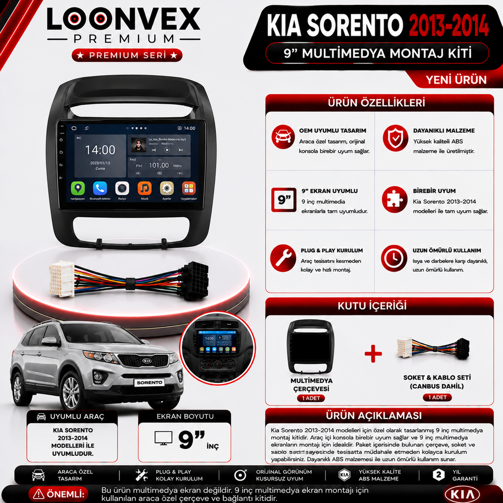 LOONVEX PREMIUM KIA SORENTO 2013-2014 9" MULTİMEDYA MONTAJ KİTİ