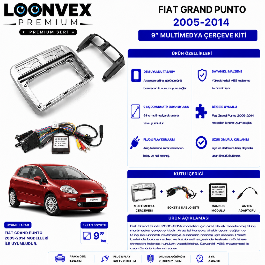 LOONVEX Fiat Grande Punto (2005) / New Linea (2014) 9 İnç Multimedya Çerçeve + Soket Kiti