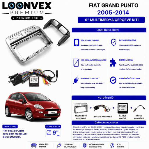 LOONVEX Fiat Grande Punto (2005) / New Linea (2014) 9 İnç Multimedya Çerçeve + Soket Kiti
