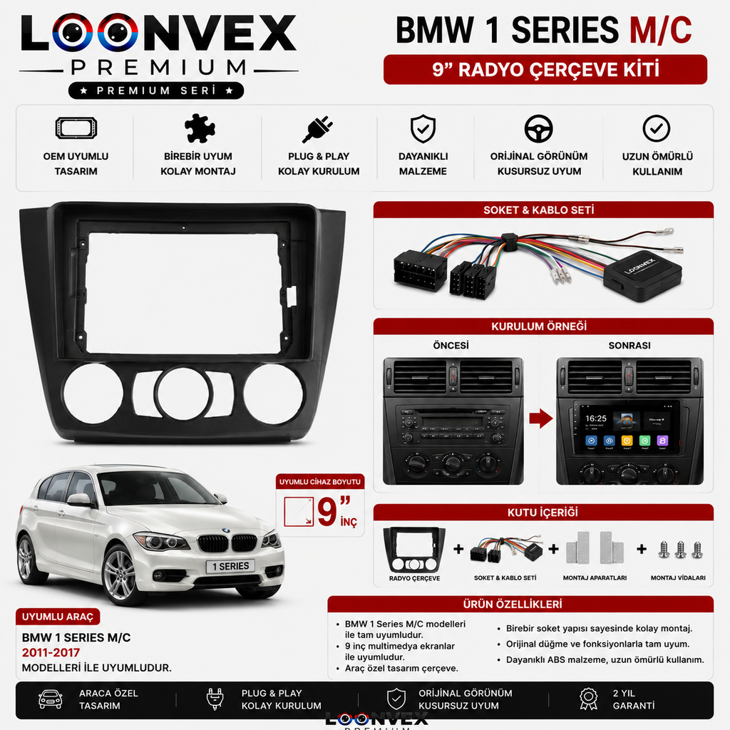 LOONVEX BMW 1 Series M/C 9 İnç Multimedya Çerçeve + Soket Seti OEM Uyumlu