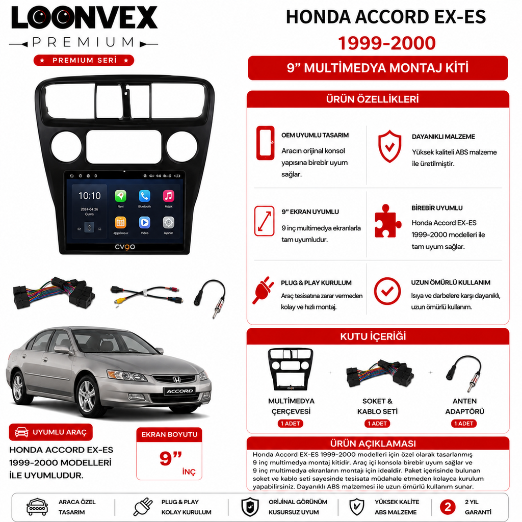 LOONVEX PREMIUM – HONDA ACCORD EX-ES 1999-2000 9" MULTİMEDYA ÇERÇEVE + SOKET KİTİ
