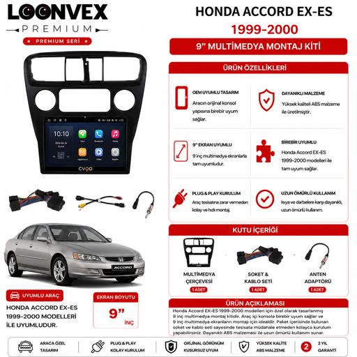 LOONVEX PREMIUM – HONDA ACCORD EX-ES 1999-2000 9" MULTİMEDYA ÇERÇEVE + SOKET KİTİ