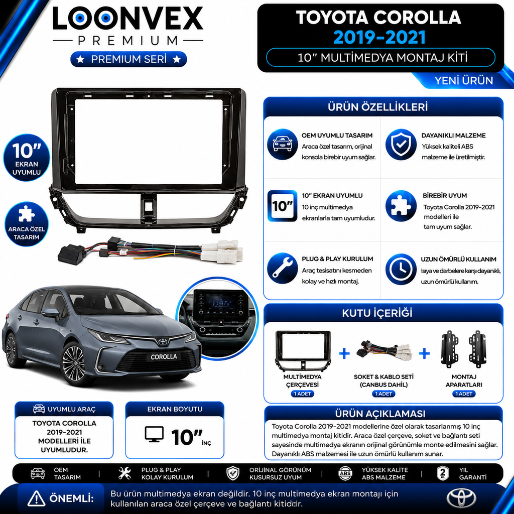 LOONVEX Premium Toyota Corolla 2019-2021 10 İnç Multimedya Teyp Çerçevesi + Soket Montaj Kiti