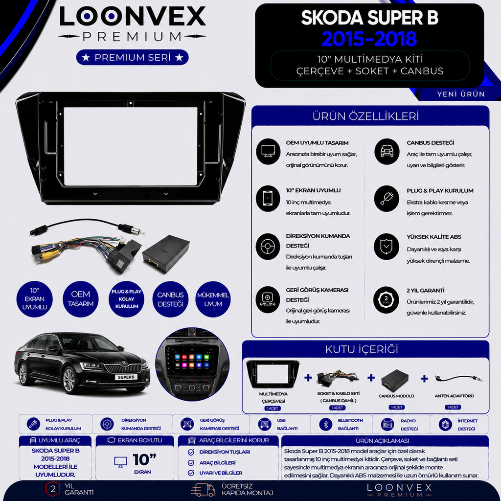 LOONVEX Premium Skoda Superb 2015-2018 10 İnç Multimedya Çerçeve + Soket + CANBUS Montaj Kiti