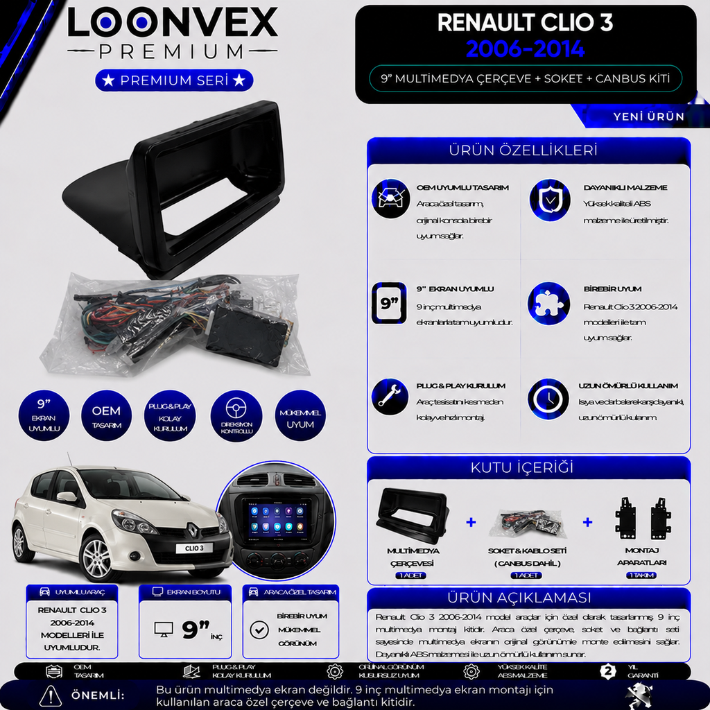 LOONVEX Premium Renault Clio 3 2006-2014 9 İnç Multimedya Çerçeve + Soket + CANBUS Montaj Kiti