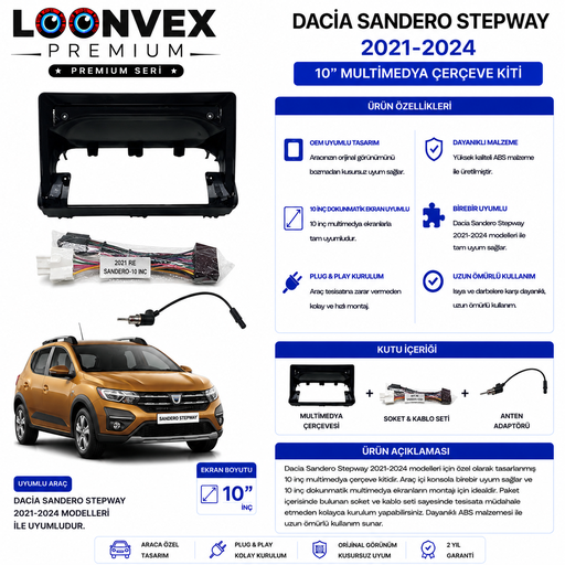 LOONVEX PREMIUM – DACIA SANDERO STEPWAY 2021-2024 10" MULTİMEDYA ÇERÇEVE + SOKET KİTİ