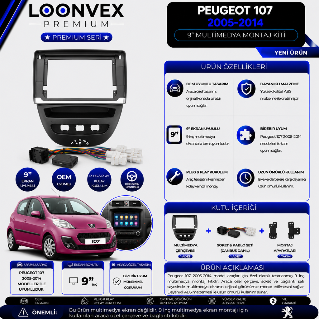 LOONVEX Premium Peugeot 107 2005-2014 9 İnç Multimedya Çerçeve + Soket Montaj Kiti