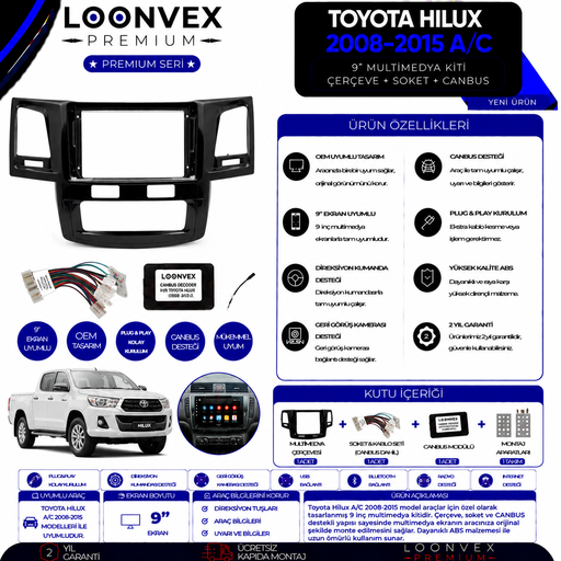 LOONVEX Premium Toyota Hilux A/C 2008-2015 9 İnç Multimedya Çerçeve + Soket + CANBUS Montaj Kiti