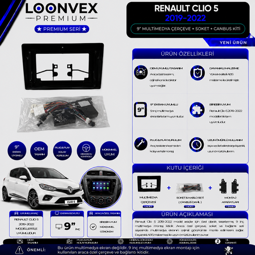 LOONVEX Premium Renault Clio 5 2019-2022 9 İnç Multimedya Çerçeve + Soket + CANBUS Montaj Kiti