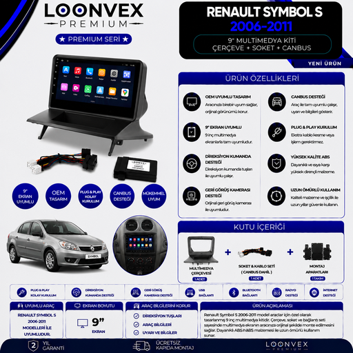 LOONVEX Premium Renault Symbol S 2006-2011 9 İnç Multimedya Çerçeve + Soket + CANBUS Montaj Kiti