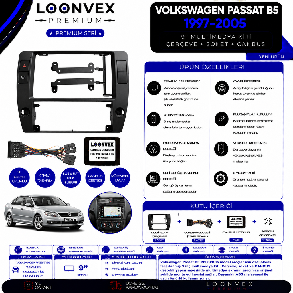 LOONVEX Premium Volkswagen Passat B7 / CC 2011-2014 10 İnç Multimedya Çerçeve + Soket + CANBUS Montaj Kiti