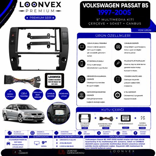 LOONVEX Premium Volkswagen Passat B7 / CC 2011-2014 10 İnç Multimedya Çerçeve + Soket + CANBUS Montaj Kiti