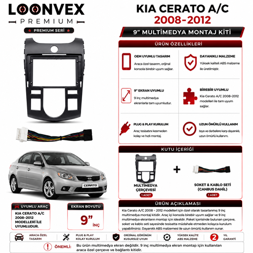 Loonvex Premium Kia Cerato 2008-2012 9 İnç Dijital Klima Multimedya Çerçeve + Soket Kiti