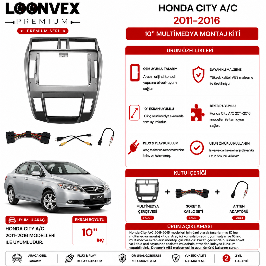 LOONVEX PREMIUM – HONDA CITY A/C 2011-2016 10" MULTİMEDYA ÇERÇEVE + SOKET KİTİ