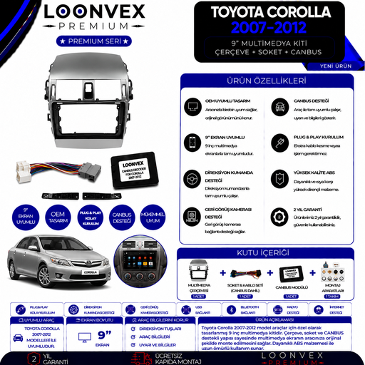 LOONVEX Premium Toyota Corolla 2007-2012 9 İnç Multimedya Çerçeve + Soket + CANBUS Montaj Kiti