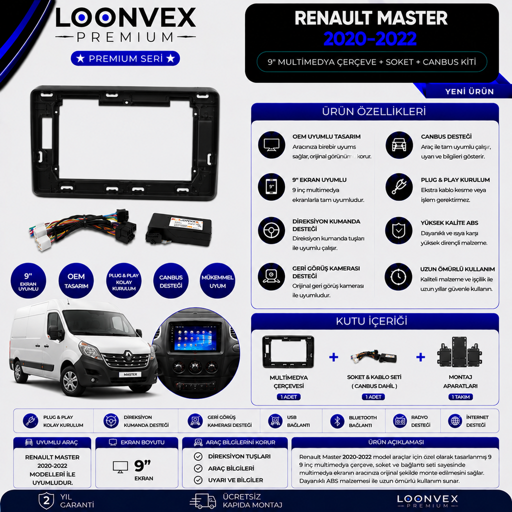 LOONVEX Premium Renault Master 2020-2022 9 İnç Multimedya Çerçeve + Soket + CANBUS Montaj Kiti