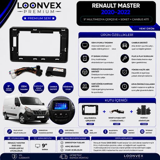 LOONVEX Premium Renault Master 2020-2022 9 İnç Multimedya Çerçeve + Soket + CANBUS Montaj Kiti