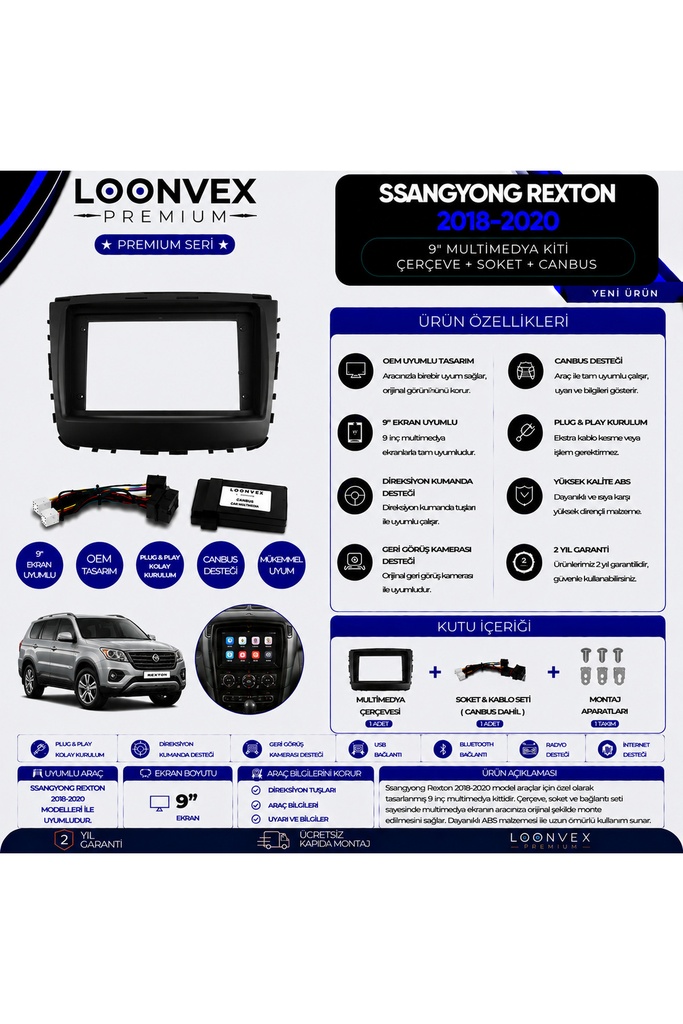 LOONVEX Premium SsangYong Rexton 2018-2020 9 İnç Multimedya Çerçeve + Soket + CANBUS Montaj Kiti