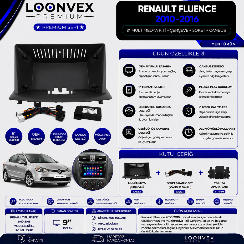 LOONVEX Premium Renault Fluence 2010-2016 9 İnç Multimedya Çerçeve + Soket + CANBUS Montaj Kiti