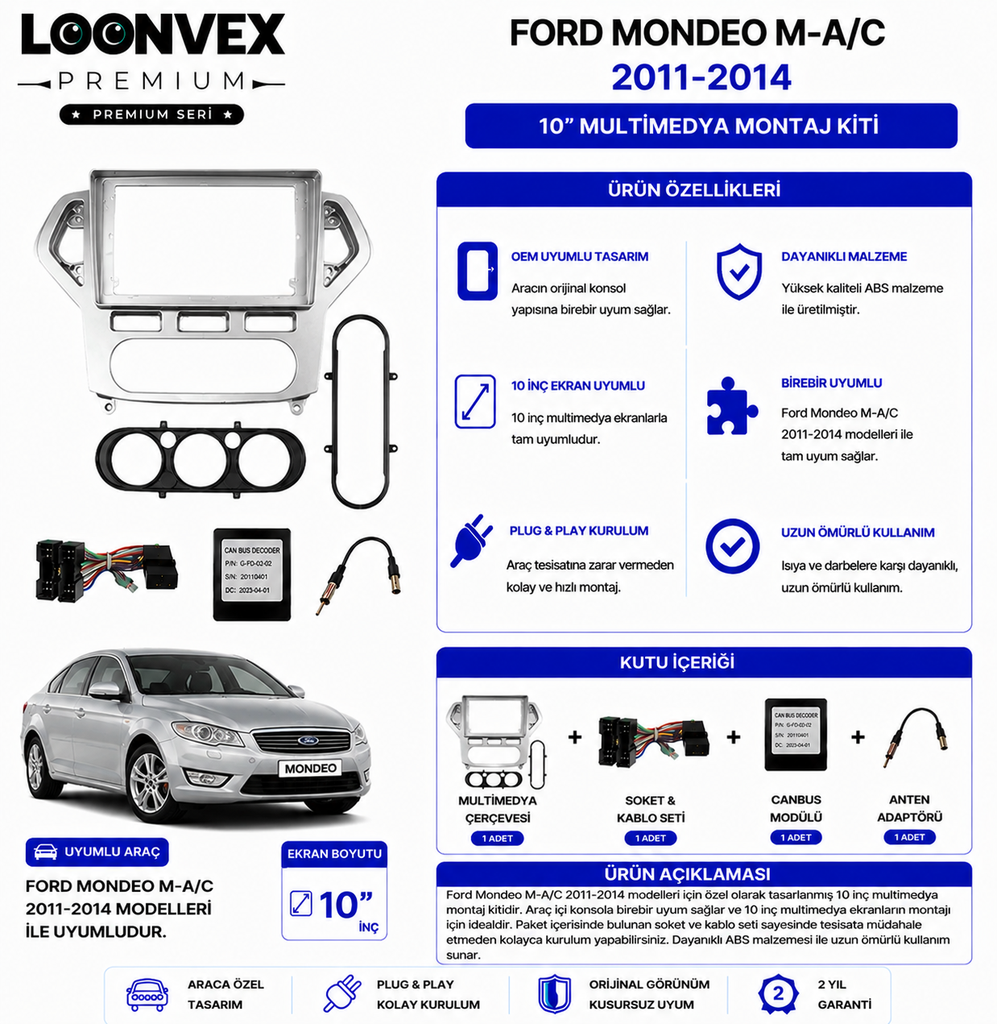 LOONVEX PREMIUM – FORD MONDEO M-A/C 2011-2014 10" MULTİMEDYA ÇERÇEVE + SOKET KİTİ