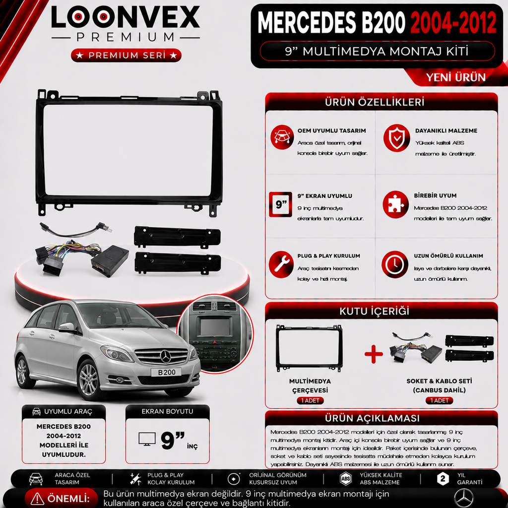 LOONVEX PREMIUM MERCEDES B200 2004-2012 9" MULTİMEDYA MONTAJ KİTİ