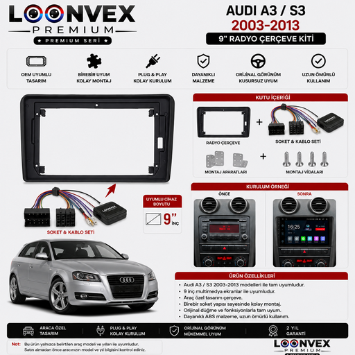 LOONVEX Audi A3 / S3 8P (Eski Kasa) 2003-2013 9 İnç Multimedya Çerçeve + Soket Seti OEM Uyumlu