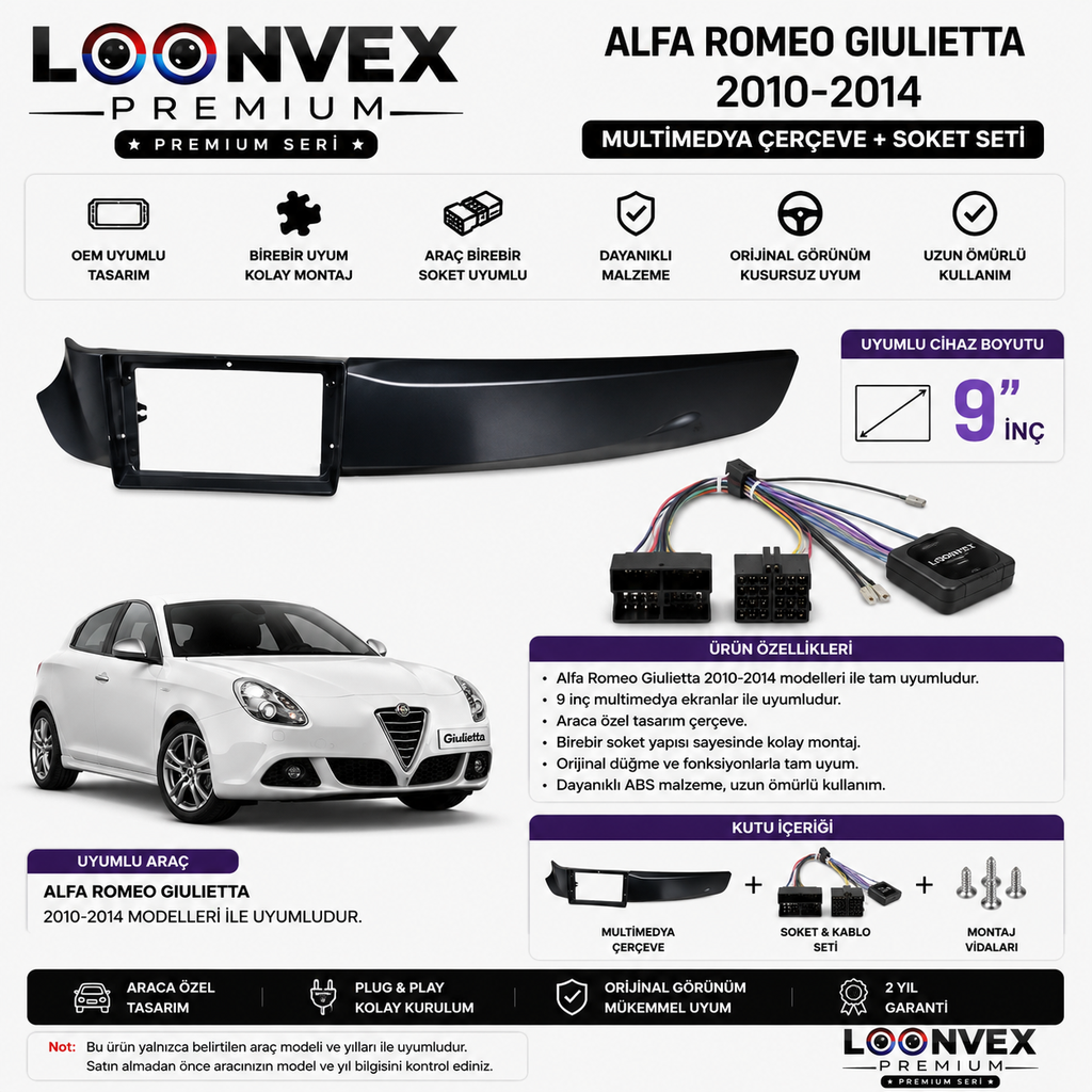 LOONVEX Alfa Romeo Giulietta 2010-2014 9 İnç Multimedya Çerçeve + Soket Seti OEM Uyumlu