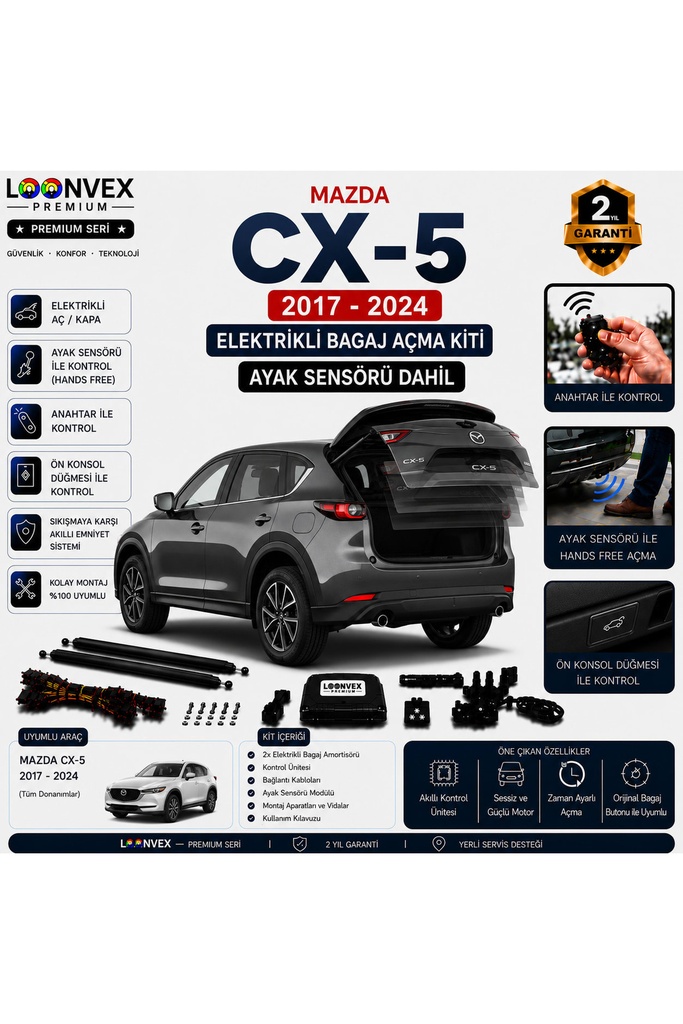 LOONVEX Mazda CX-5 2017-2024 Uyumlu Elektrikli Bagaj Açma Kiti Ayak Sensörlü 2 Yıl Garantili