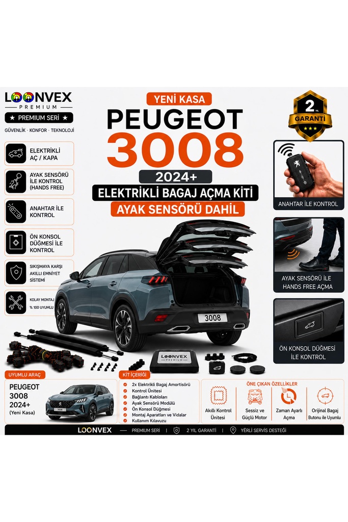 LOONVEX Peugeot 3008 Yeni Kasa 2024+ Uyumlu Elektrikli Bagaj Açma Kiti Ayak Sensörlü 2 Yıl Garantili