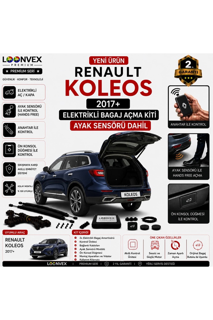 LOONVEX Renault Koleos 2017+ Uyumlu Elektrikli Bagaj Açma Kiti Ayak Sensörlü 2 Yıl Garantili