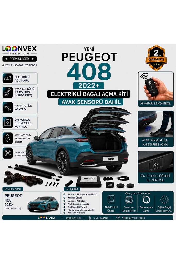 LOONVEX Peugeot 408 2022+ Uyumlu Elektrikli Bagaj Açma Kiti Ayak Sensörlü 2 Yıl Garantili