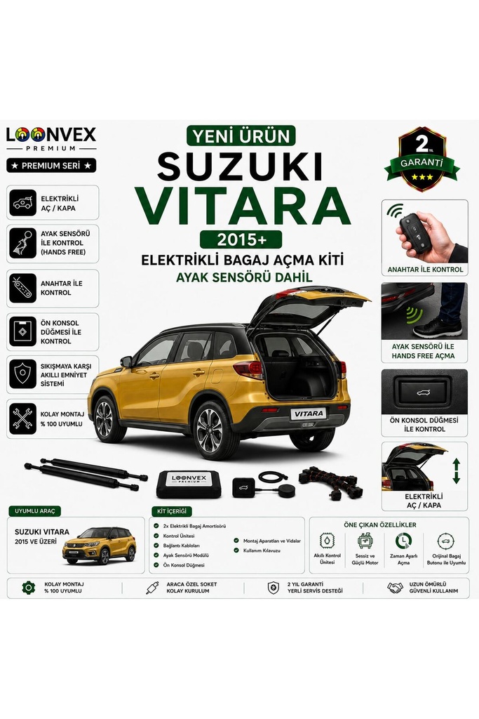 LOONVEX Suzuki Vitara 2015+ Uyumlu Elektrikli Bagaj Açma Kiti Ayak Sensörlü 2 Yıl Garantili