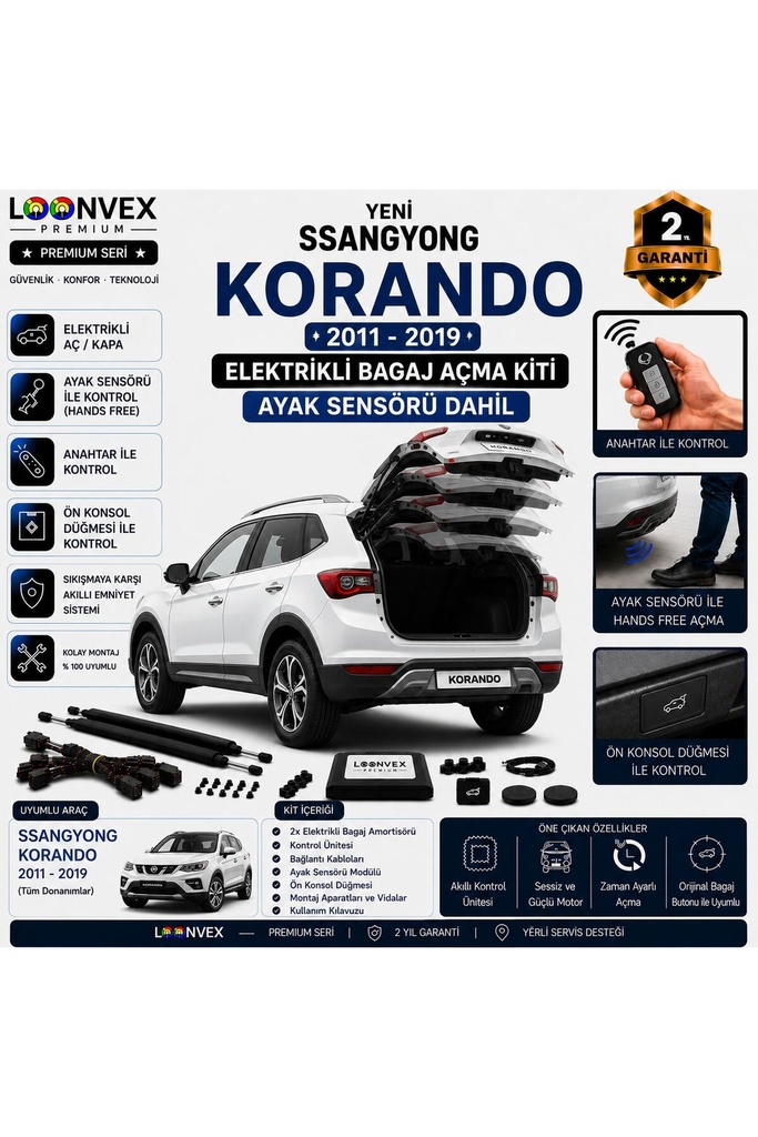 LOONVEX SsangYong Korando 2011-2019 Uyumlu Elektrikli Bagaj Açma Kiti Ayak Sensörlü 2 Yıl Garantili