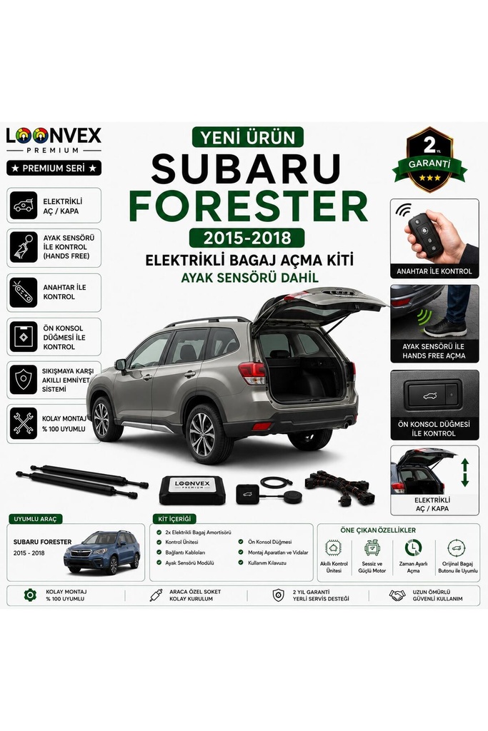 LOONVEX Subaru Forester 2015-2018 Uyumlu Elektrikli Bagaj Açma Kiti Ayak Sensörlü 2 Yıl Garantili