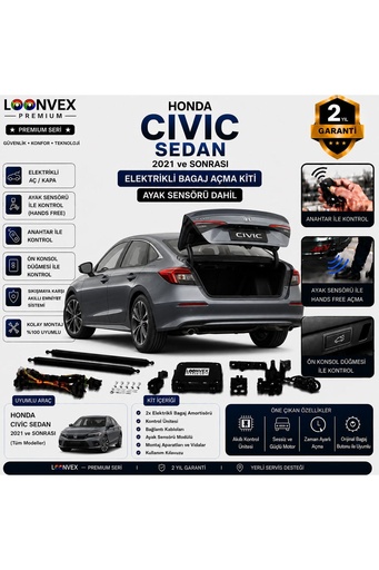 LOONVEX Honda Civic Sedan 2021 ve Sonrası Uyumlu Elektrikli Bagaj Açma Kiti Ayak Sensörlü 2 Yıl Garantili