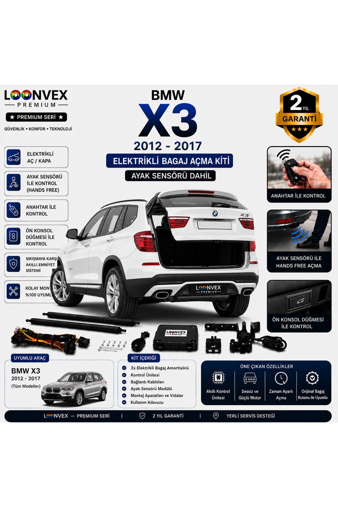 LOONVEX BMW X1 2016 ve Sonrası Uyumlu Elektrikli Bagaj Açma Kiti Ayak Sensörlü 2 Yıl Garantili