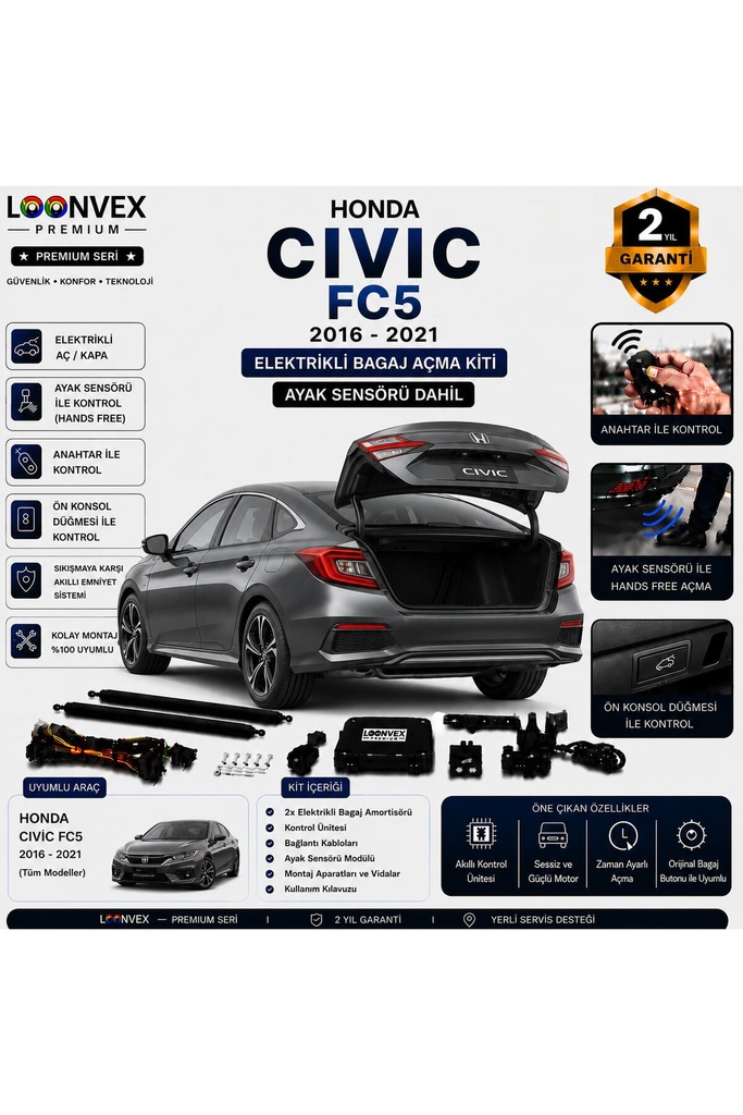 LOONVEX Honda Civic FC5 2016-2021 Uyumlu Elektrikli Bagaj Açma Kiti Ayak Sensörlü 2 Yıl Garantili