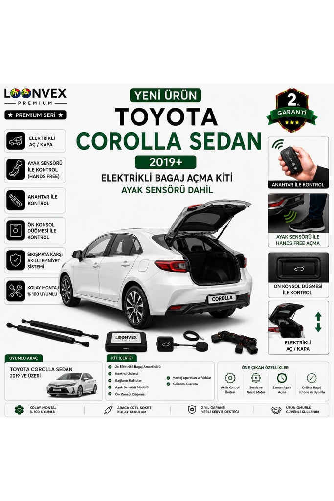 LOONVEX Toyota Corolla Sedan 2019+ Uyumlu Elektrikli Bagaj Açma Kiti Ayak Sensörlü 2 Yıl Garantili