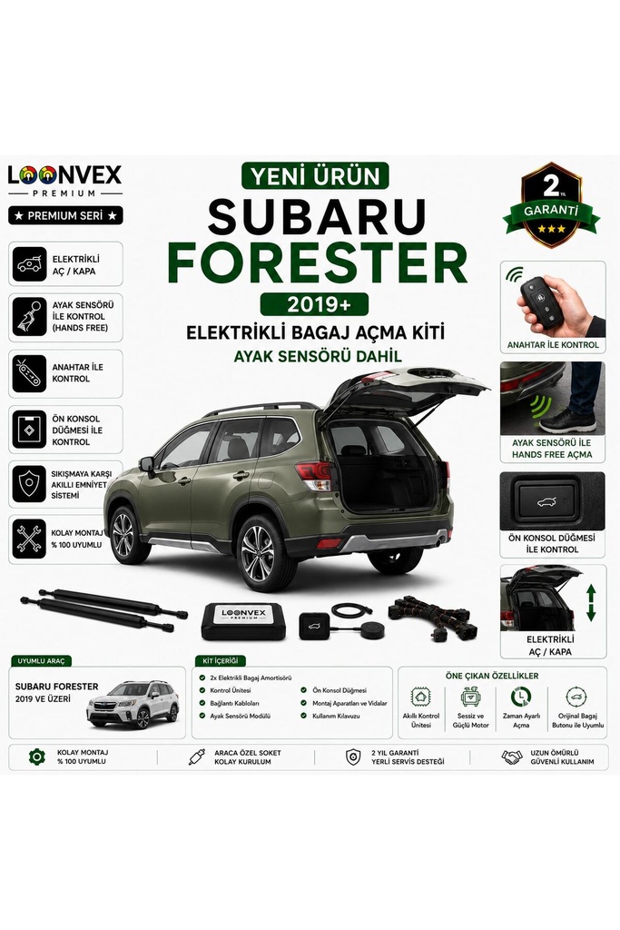 LOONVEX Subaru Forester 2019+ Uyumlu Elektrikli Bagaj Açma Kiti Ayak Sensörlü 2 Yıl Garantili