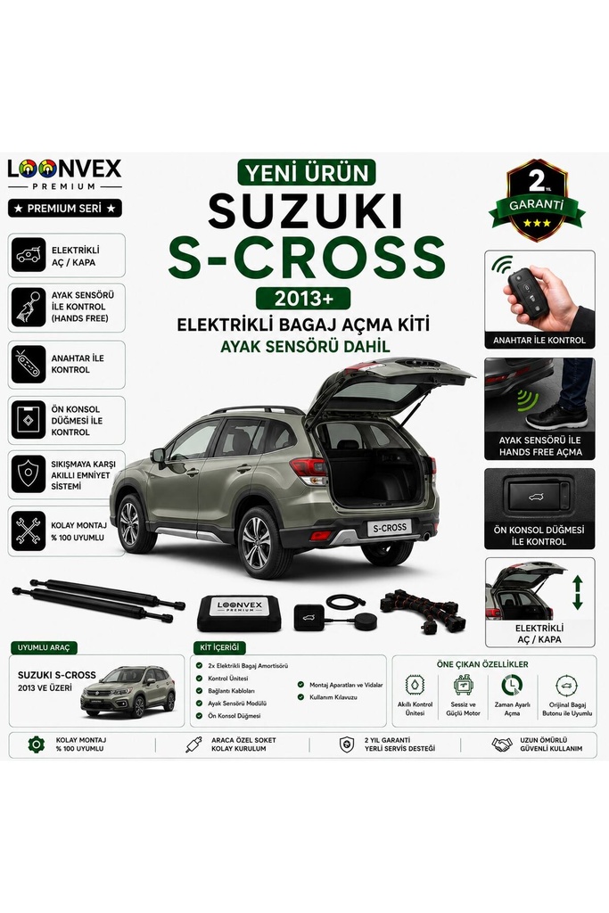 LOONVEX Suzuki S-Cross 2013+ Uyumlu Elektrikli Bagaj Açma Kiti Ayak Sensörlü 2 Yıl Garantili