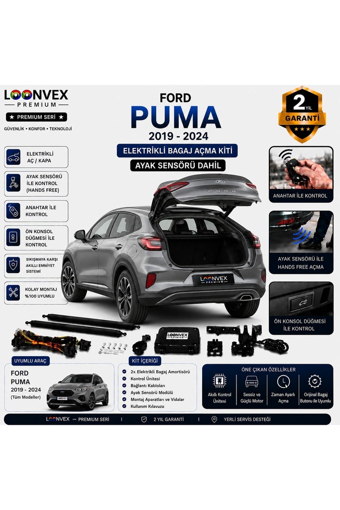 LOONVEX Ford Puma 2019-2024 Uyumlu Elektrikli Bagaj Açma Kiti Ayak Sensörlü 2 Yıl Garantili