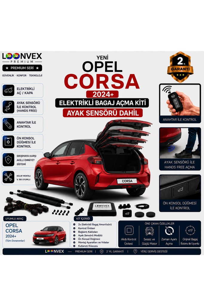 LOONVEX Opel Corsa F 2024+ Uyumlu Elektrikli Bagaj Açma Kiti Ayak Sensörlü 2 Yıl Garantili