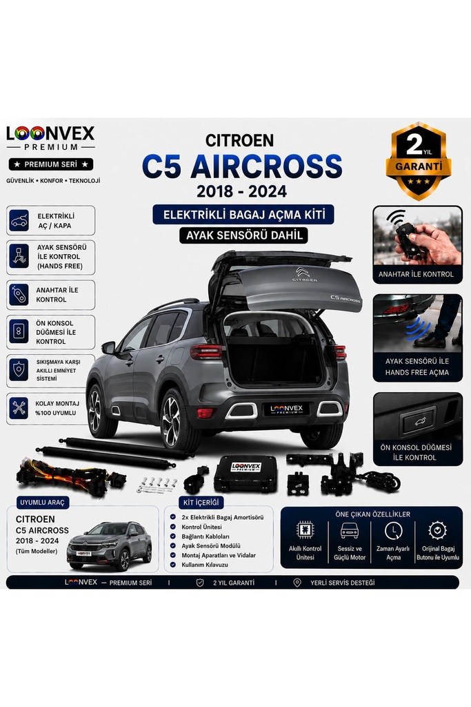 LOONVEX Citroen C5 Aircross 2018-2024 Uyumlu Elektrikli Bagaj Açma Kiti Ayak Sensörlü 2 Yıl Garantili