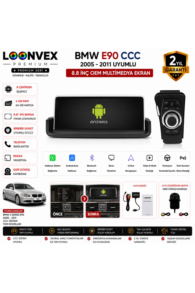 LOONVEX Premium BMW 3 Serisi E90 CCC 2005-2011 | 8.8 İnç Multimedya Ekran | 8 Çekirdek | 4GB RAM | 64GB Hafıza