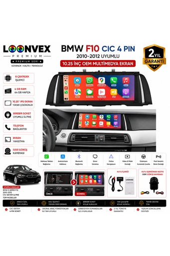 LOONVEX Premium BMW 5 Serisi F10 CIC 4 Pin 2010-2012 | 10.25 İnç Multimedya Ekran | 8 Çekirdek | 4GB RAM | 64GB Hafıza
